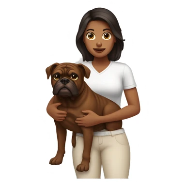 Woman with dark hair holding a brown bulldog with dark brown face sticker