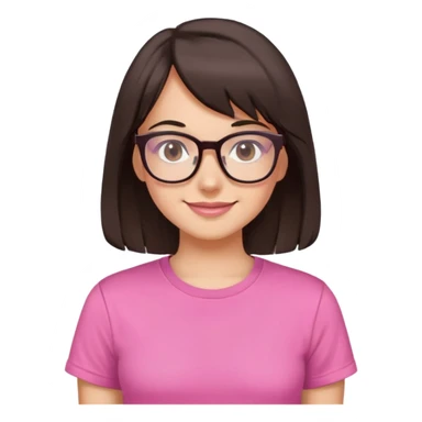 Tween, mid length dark brown hair, side bangs, glasses, brown eyes, Baddie, pink t shirt, pretty smile, pretty sticker
