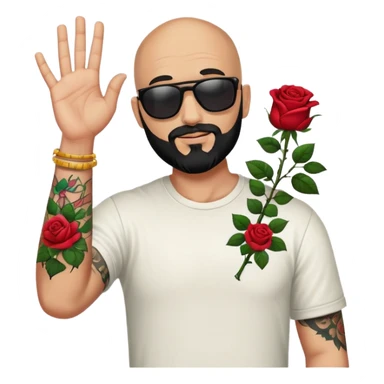  Bald man with sunglasses black beard raising hand with only one colorful roses tattoo on forearm  sticker