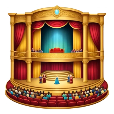 An icon depicting a grand theater stage with actors performing a play, illuminated by dramatic lighting. The audience sits in a beautiful hall, with colorful balconies and an engaged crowd. The design captures the magic of live theater. transparent background  sticker