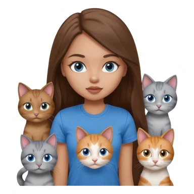 a pretty bratz dusky light skin girl with long brown hair, blue eyes with six cats nd wearing a grey tshirt sticker