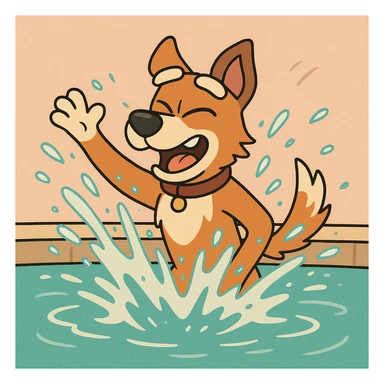 indie dog splashing water in a pool, energetic, cartoon style sticker