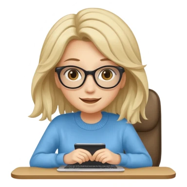 ragazza bionda sorridente con capelli molto lunghi, con occhiali tartarugati, occhi azzurri, con maglione beige, seduti alla scrivania che lavora al pc sticker