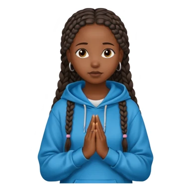 African American girl dark skin with long box braids and plain black hoodie with prayer hands sticker