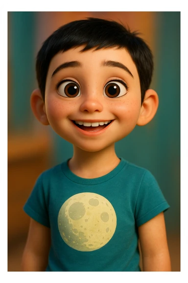 Pixar style young girl with very short black hair, light skin, wearing a t-shirt with a moon design sticker