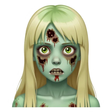 zombie girl with pale green skin, visible wounds, long blonde hair with straight bangs, dead eyes sticker