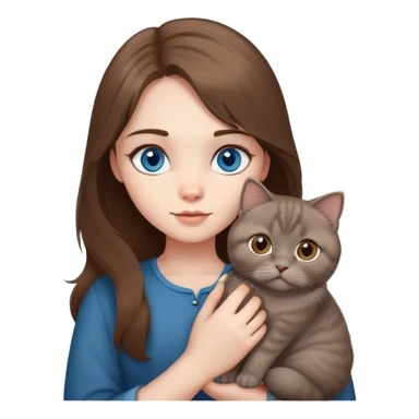 Girl with blue eyes and long brown hair and holding a grey Scottish fold cat sticker