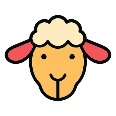 stylized sheep head icon, large ears, curved snout, fluffy wool, modern icon style sticker