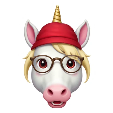 unicorn face cute wearing cute red hat, horn piercing through the hat looking in the camera, blond hair and spectacled. with big horn sticker
