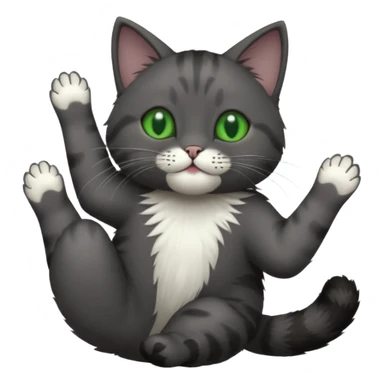 solid dark grey cat with green eyes, completely solid grey face, white toes/paws playing rolling upside down sticker