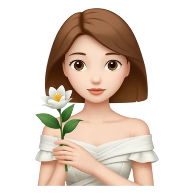Pretty lady wearing a white silky off-the-shoulder folded neckline and holding a white flower on her right hand sticker