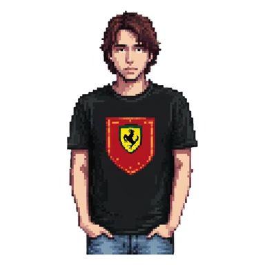 depressed man wearing a Ferrari t-shirt sticker