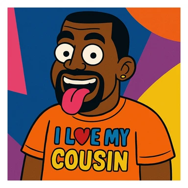 Kanye West with his tongue out, wearing a t-shirt that says 'I love my cousin', vibrant toon style sticker