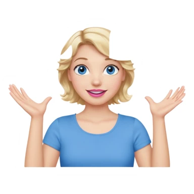 Girl Blonde short wavy hair,  blue eyes, cute blue top, long lashes, pink lips, smiling, shrugging hands raised sticker