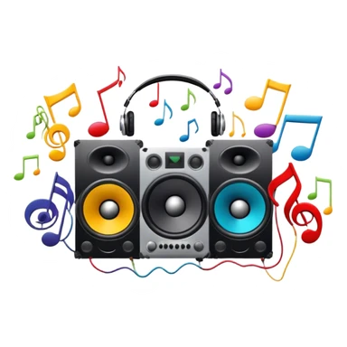 Icon for R&B Music Listening: large concert speakers and headphones with waves of musical notes coming out, along with drums and bass guitar and saxophone. The icon should convey the energetic and rhythmic vibe of R&B music. Transparent background sticker