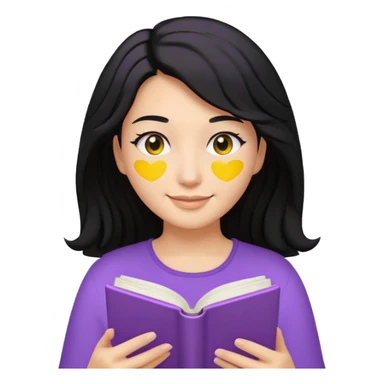 검정머리에 책읽고있는 여자. 해줘. 그리고 그 책으로 얼굴 반은 가린듯한 머리는 약간 파마 앞머리 없고 그리고 너무 무섭게 말고 책 읽는다고 얼굴 반은 가린듯한 책은 흰색에 보라색 노란색 섞여있고. 약간 미소 상의는  흰옷 . 아이폰 이모티콘 형태로 부탁 sticker