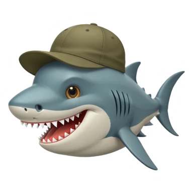 Un tiburón con aspecto gruñón pero con una sonrisa, que tenga una gorra de la marca barbas hats hacia atrás sticker