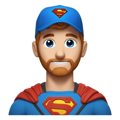 Superman with a goat, blue eyes, reddish hair, freckles, redidsh beard, hat backwards sticker