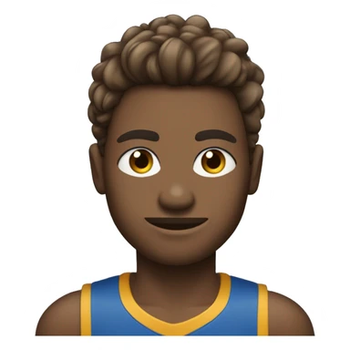 cabelo marrom, pele beje claro, olho marrom e uma camiseta azul sticker