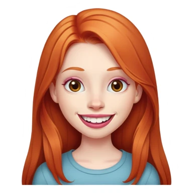Young girl with pale skin, longer face, full pink lips smiling with big teeth, very long straight ginger red hair (no blonde at all), big brown eyes, bigger nose, big mouth sticker