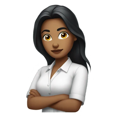 A woman with a confident expression, arms crossed, long black hair, wearing a bright white shirt
 sticker