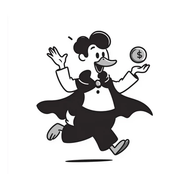 A cool duck in a mysterious black cloak flipping a silver coin sticker