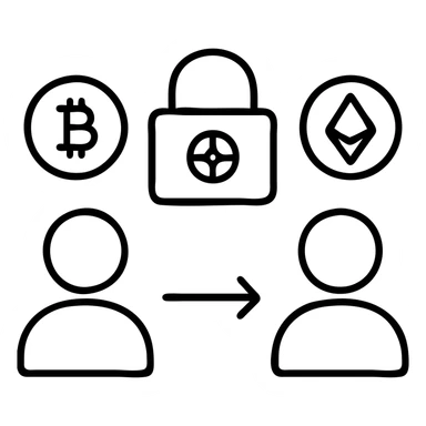 P2P cryptocurrency transaction with escrow protection, showing two user icons, crypto symbols, and a secure vault between them sticker