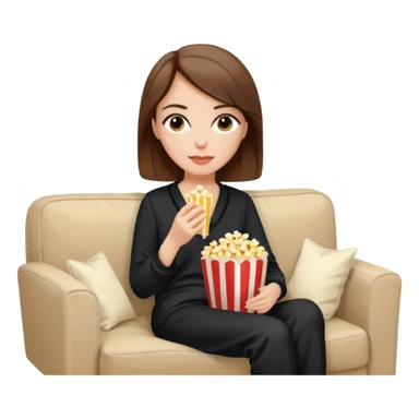 Stylish white woman with brown hair with makeup in black pyjama watching tv with popcorn on beige couch sticker