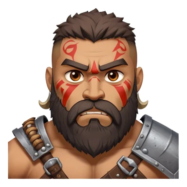 Clash of Clans aesthetic: Cinematic Rugged Barbarian Portrait Emoji, Intense and formidable with a heavily muscled physique, a rugged beard, piercing eyes, and battle-worn armor adorned with tribal markings, his expression fierce and resolute, Simplified yet powerfully detailed features, highly detailed, glowing with a deep, primal energy, high shine, gritty and uncompromising, stylized with an air of raw, untamed power, focused and determined, soft glowing outline, capturing the essence of a barbarian warrior carved by countless battles and poised to lead his clan into epic conflict! sticker