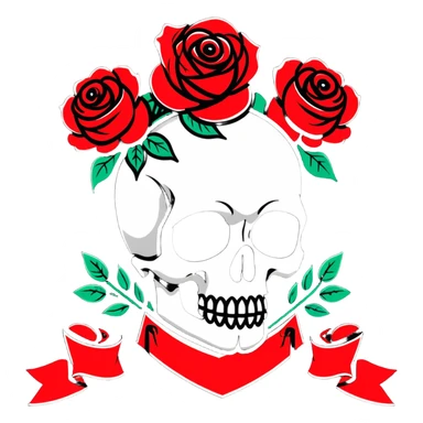 Traditional Americana tattoo art skull with bold outlines, red roses, and a banner sticker