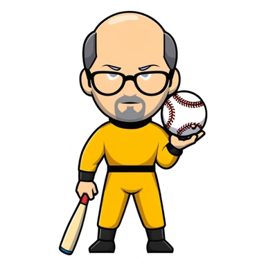 Steve Jobs with glasses and black turtleneck under Bruce Lee yellow jumpsuit, holding baseball bat and ball sticker