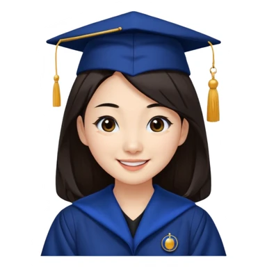 带着学士帽的，深棕色长发，黄种偏白皮肤的，高鼻梁，不戴眼镜的女博士生，在单只眼眨眼并开朗的笑，年龄26岁，学士服全身深蓝色短绒质地，但是黑领子， sticker