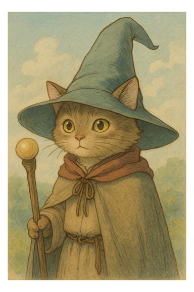 cat wizard, detailed, whimsical, soft colors, wearing a large pointed hat, ghibli style sticker