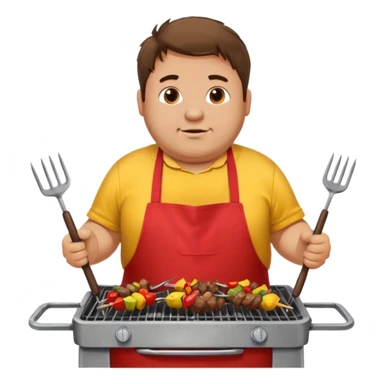 chubby man messy hair and dirty yellow shirt and a red apron grilling bbq and skewers on a sizzling grill sticker