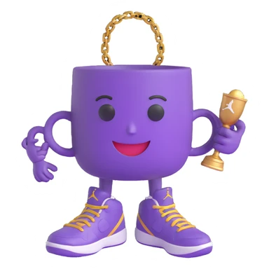 Change the cup to purple while keeping the 3D cartoon style. Maintain the friendly face, arms, gold chain, and Jordan sneakers. No background. sticker