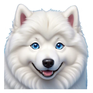 Cinematic Comical Samoyed Portrait Emoji, Head tilted dramatically with an exaggeratedly amused expression, featuring a striking, fluffy white Fur with a radiant sheen, wide, expressive blue eyes filled with playful disbelief, Simplified yet hilariously expressive features, highly detailed, glowing with a slightly sassy glow, high shine, dramatic yet playful, stylized with an air of cheeky mischief, bright and endearing, soft glowing outline, capturing the essence of a spirited and over-the-top companion, so meme-worthy it feels like it could side-eye its way into internet fame instantly! sticker