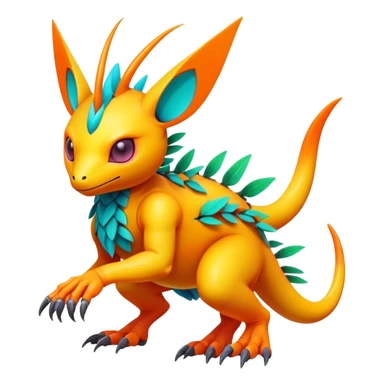 Tropical futuristic lush warm-colored modern colorful neon-colored cyber-Fakémon-Digimon-Trico-creature sticker