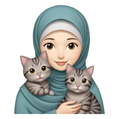 Asian white girl wearing hijab with dress holding a black grey tabby cat while smiling sticker