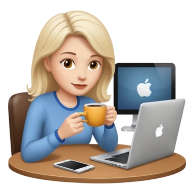 mujer blanca tomando cafe y con un computador sentada en una mesa  sticker