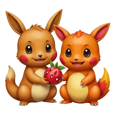 Eevee and Charmander sitting side by side, happily sharing a big fruit together. Both look joyful and friendly, drawn in a playful emoji-like cartoon style. sticker
