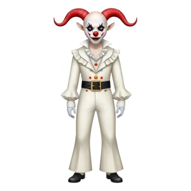 full-body demonic clown in a white leisure suit with bellbottom pants, bald, with black ram horns, flashy belt, ruffled shirt, no neck tie sticker