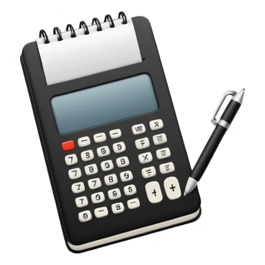 Minimalistic flat vector icon, iOS style, thin black contour on white background. Small black notebook with visible binding, placed next to a calculator. Clean, modern, no text, no shadows. sticker