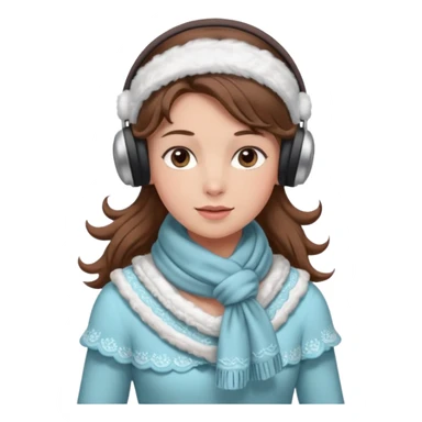 Victorian ice skater in a long dress. She is wearimg a scarf and earmuffs. She has boriwn hair. sticker