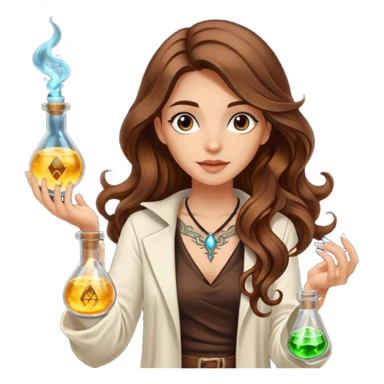 alchemist woman long wavy brown hair tattoos flipping glowing vial sticker