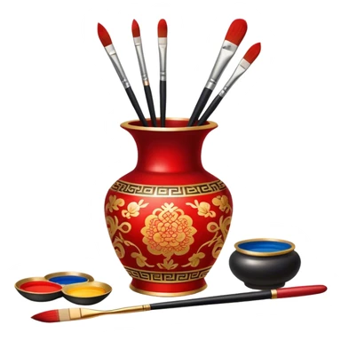 Chinese metal painting icon, delicate Chinese patterns painted on a metal vase, visible fine paintbrush, paint pots, and accessories like porcelain palette and cloth, vibrant colors like red, gold, and black, minimalistic style, clean lines, transparent background. sticker