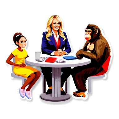 Stormy Daniels, a Monkey, a donkey, and Trump sit around a table sticker