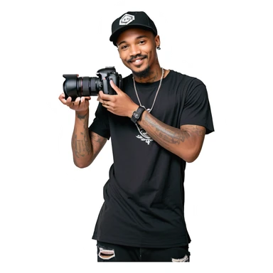 A young, black, South African, male cinematographer dressed in a black round neck t-shirt, black pants and black baseball cap holding a mirrorless dslr camera in one hand. Dark brown eyes. Bright white smile. Minimal facial hair — a small moustache connected to a goatee. Arms covered in tattoos. sticker