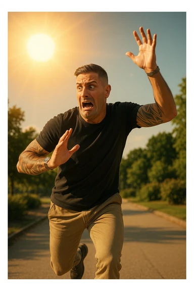 Uomo che corre via dal sole spaventato perchè pensa sia nocivo realistica sticker