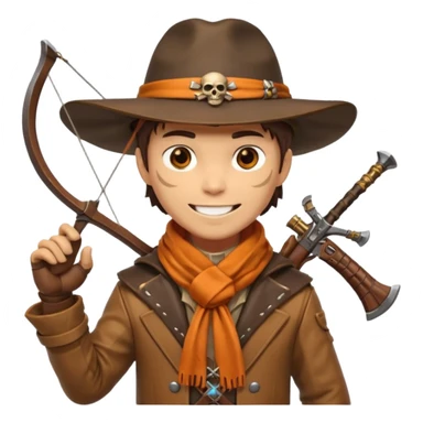 male human monster hunter emoji, wearing brown leather coat and wide hat, holding crossbow or rifle, with amulet shaped like skull, Halloween fantasy theme, confident smile, orange scarf, Apple emoji style, clean white background, square image sticker