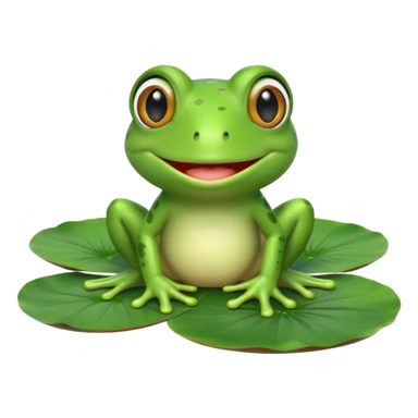 A cute 3D cartoon frog sitting on a lily pad, bright green skin, big friendly eyes, smiling face, soft natural lighting, Memoji-style rendering. sticker